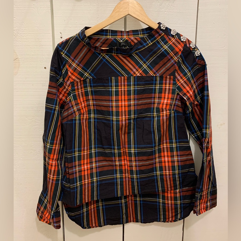 J.Crew Funnelneck Shirt in Stewart Tartan with Jeweled Buttons